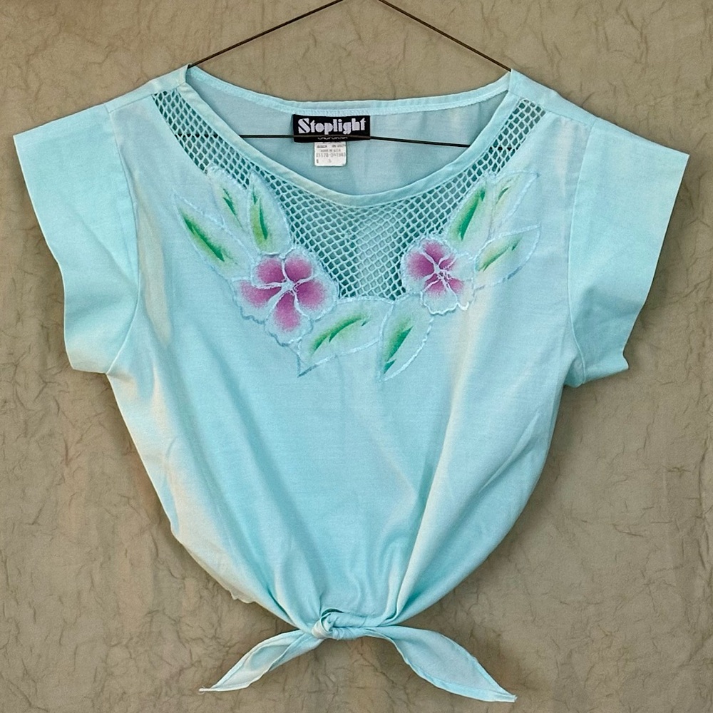 Vintage Blue Spotlight California Floral Tropical Malibu Barbiecore Crop Top